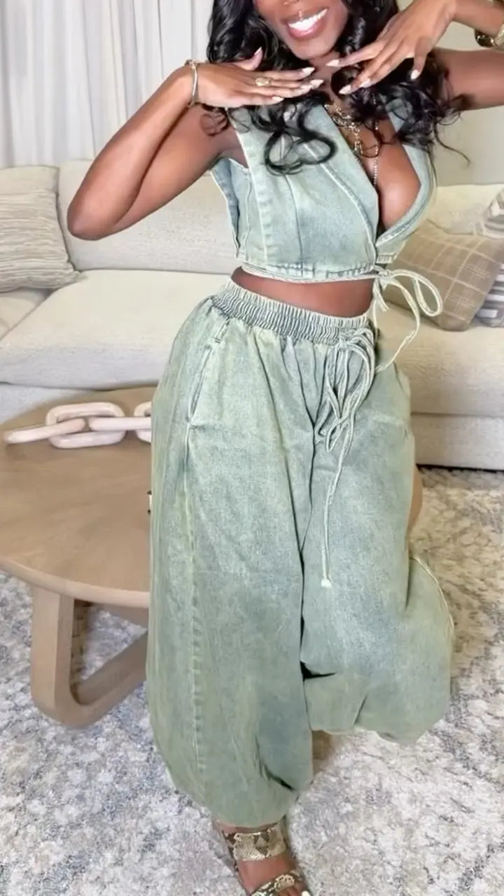 Wrap Crop Top & Wide Leg Pant Two‐Piece Set