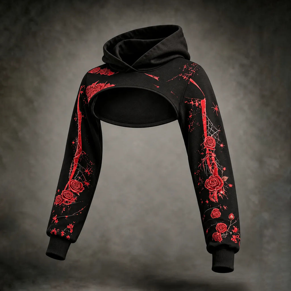 Women's Dark Retro Halloween Rose Skeleton Spider Web Print Three-piece Set