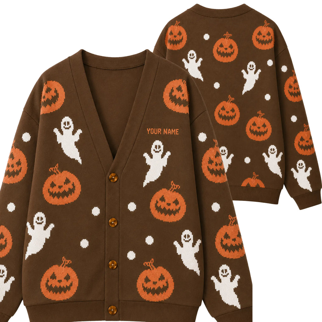 Chaotic Club Personalized Brown All-Over Ghost Pumpkin Cardigan