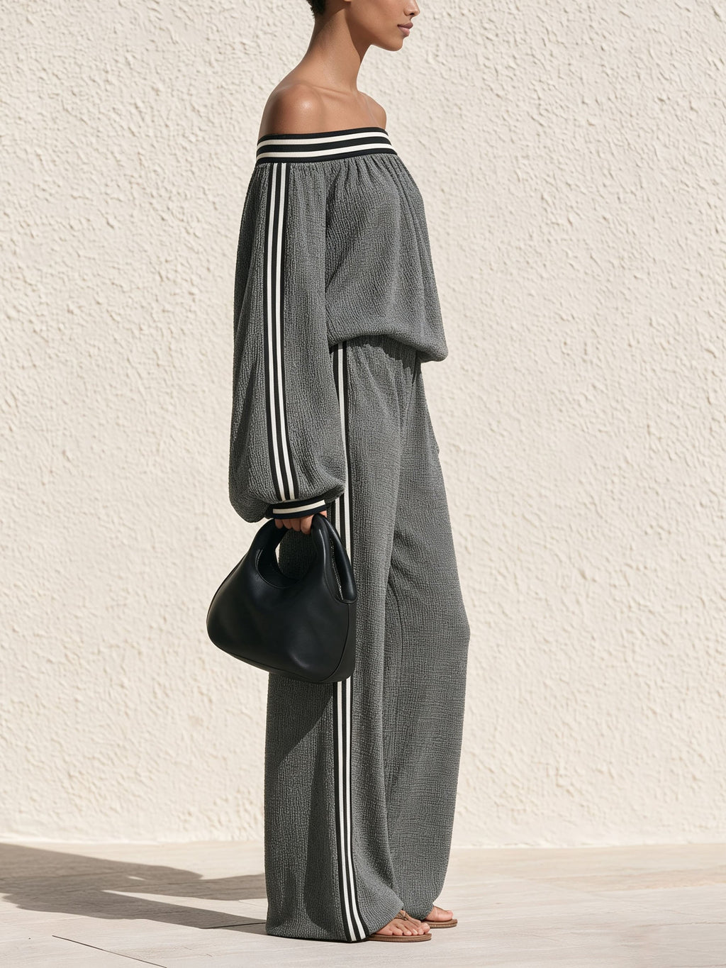 Off‐Shoulder Striped Trim Textured Two‐Piece Pants Set