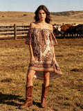 Women's Western Cowboy Cotton Printed Off-Shoulder Boho Dress With Flared Hem And Short Sleeves