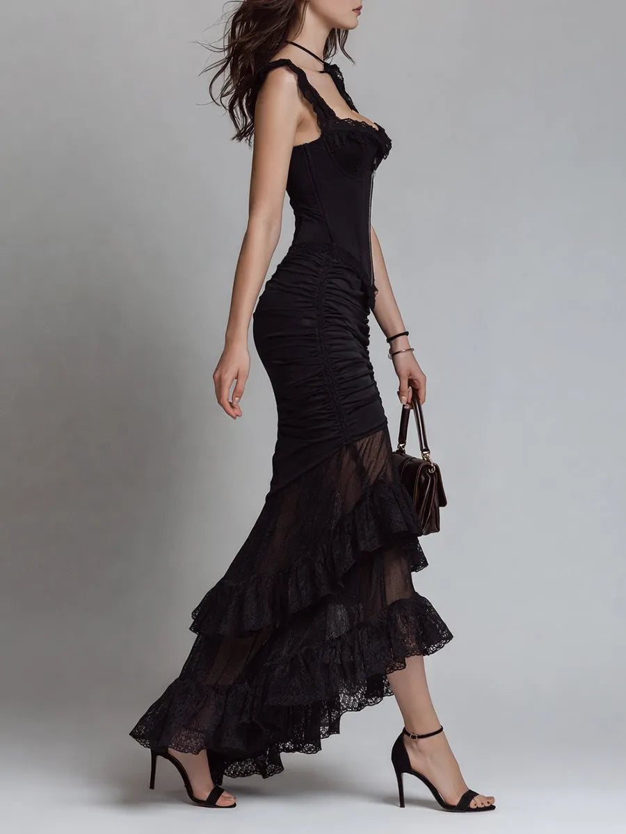 Goth Corset Lace Patchwork Pleated Maxi Dress