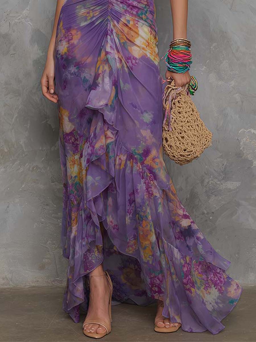 Boho-Elegant Floral Halter Chiffon Maxi Dress