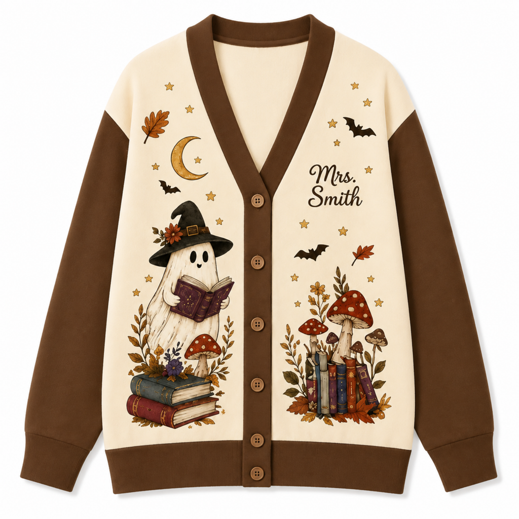 Chaotic Club Cozy Fall Bookish Ghost Halloween Teacher Cardigan