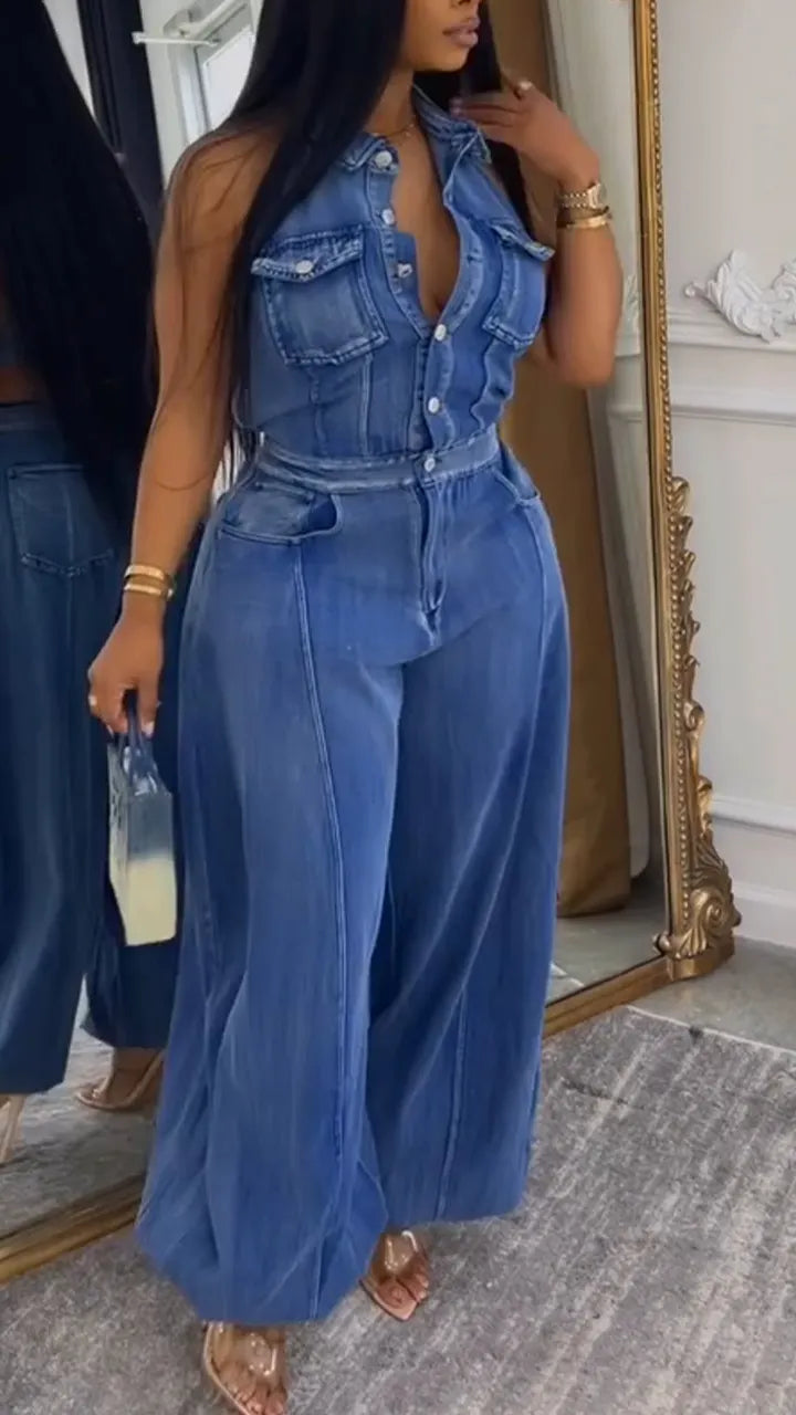 Womens Collared Patchwork Casual Denim Jumpsuit