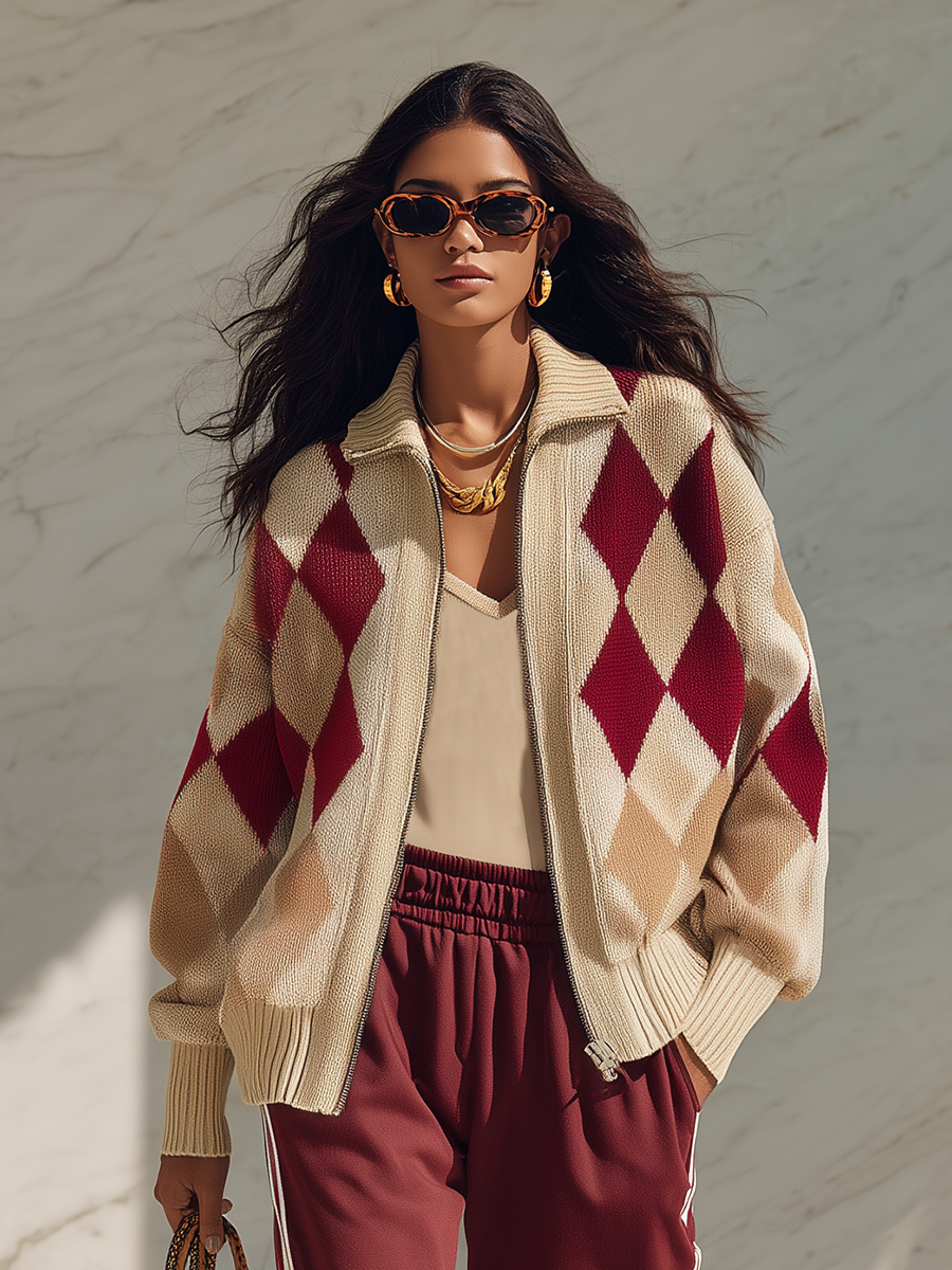 Resort-style Lapel Diamond Pattern Long-sleeved Knitted Cardigan