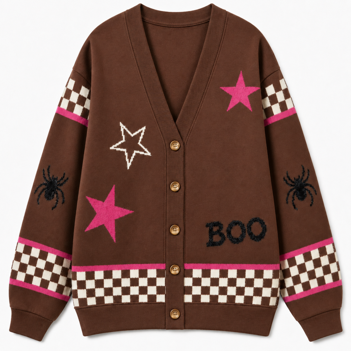 Chaotic Club Cute Brown Pink Ghost Star Checkered Cardigan