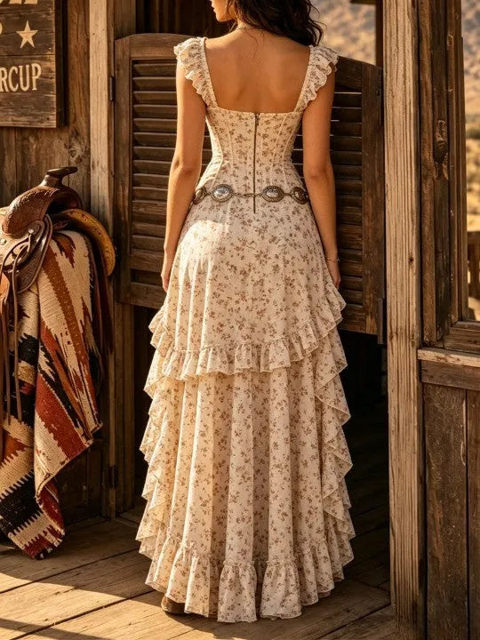 Bohemian floral ruffled tiered high-slit maxi dress(Belt not included)