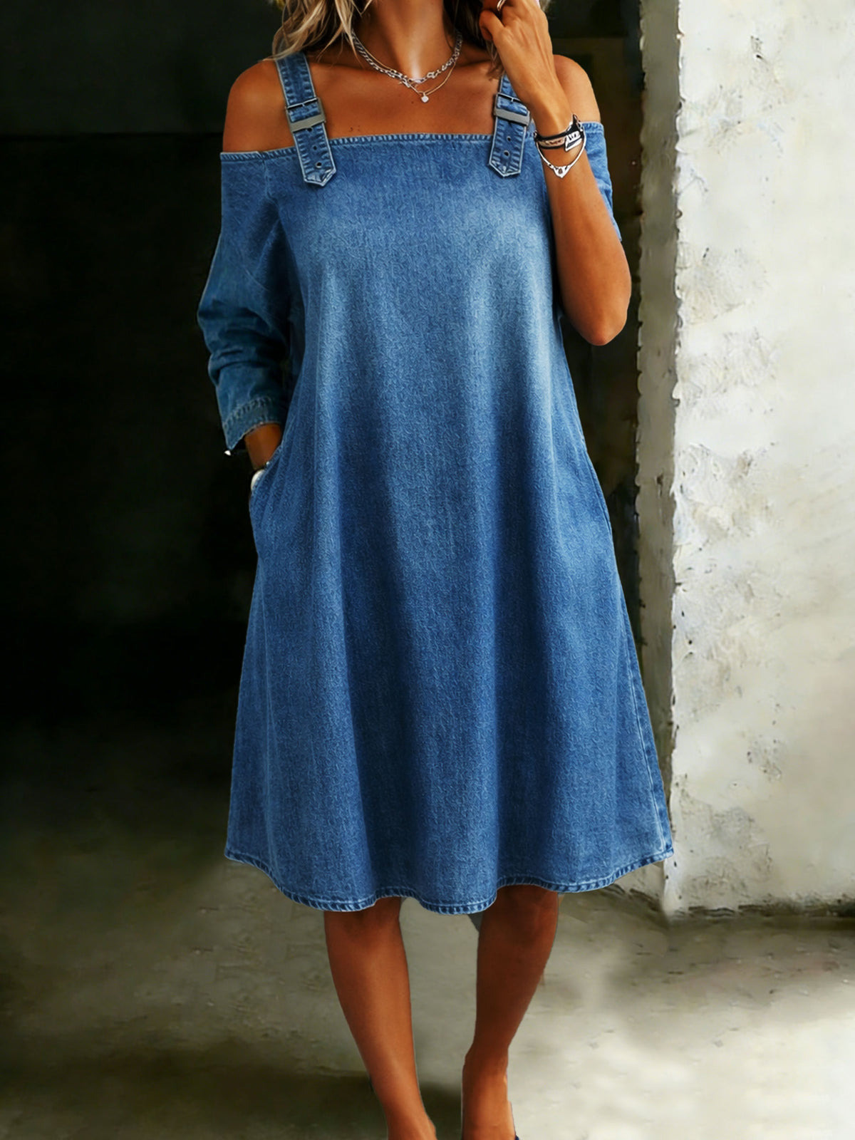 Women's Off Shoulder Casual Loose Denim Dress