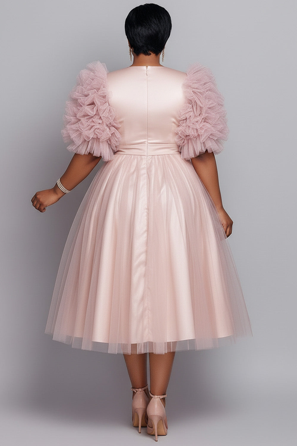 Formal Tulle Pink Round Neck Long Sleeve Contrast Elegant 3D Satin Midi Dresses