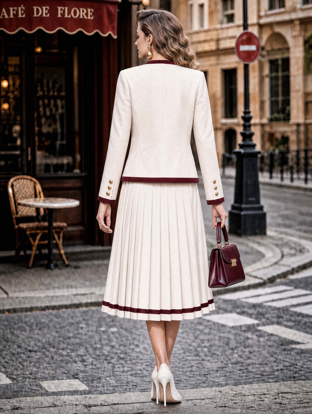 Retro Elegant Burgundy Velvet-Trim Woolen Blazer & Midi Dress Two-Piece Set