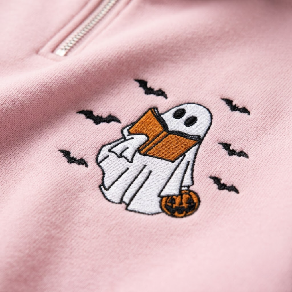 Chaotic Club Embroided Reading Ghost Pumpkin Pastel Pink Quarter Zip Sweatshirt