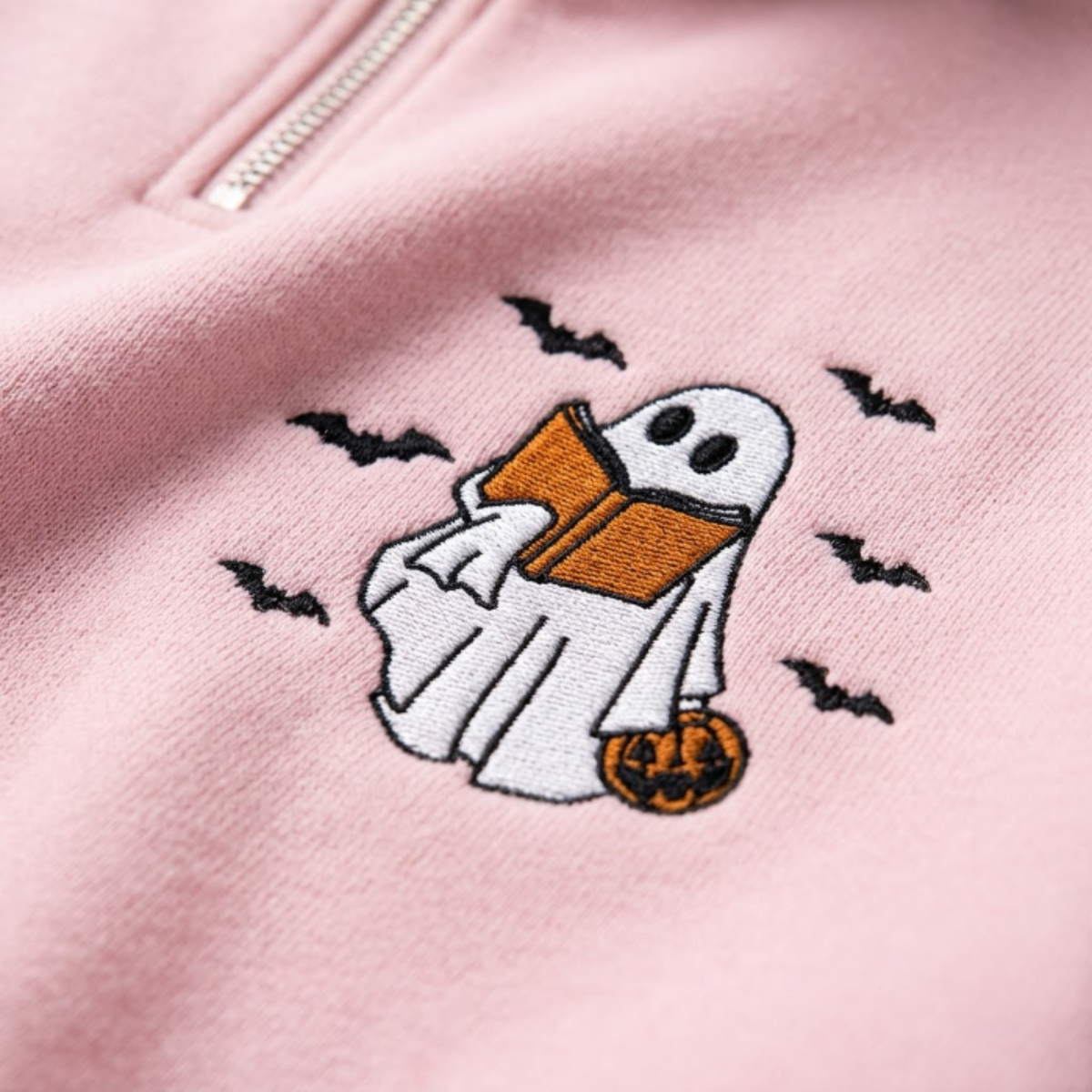 Chaotic Club Embroided Reading Ghost Pumpkin Pastel Pink Quarter Zip Sweatshirt