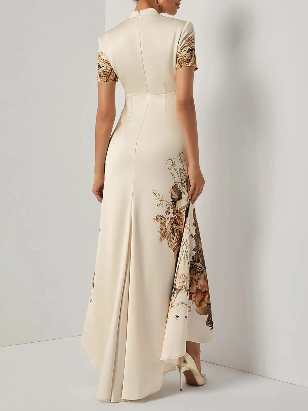 Beige Floral Satin Deep V Neck Mermaid Maxi Dress