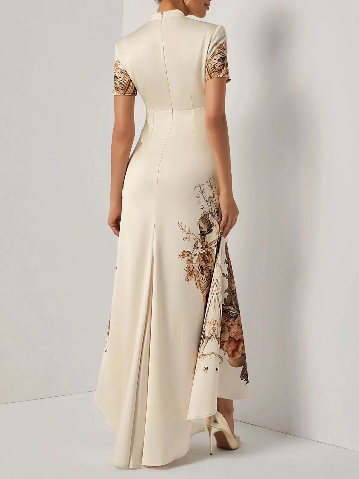 Beige Floral Satin Deep V Neck Mermaid Maxi Dress