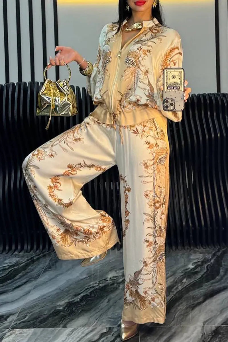 Women's Satin Zipper Printed Casual Suit