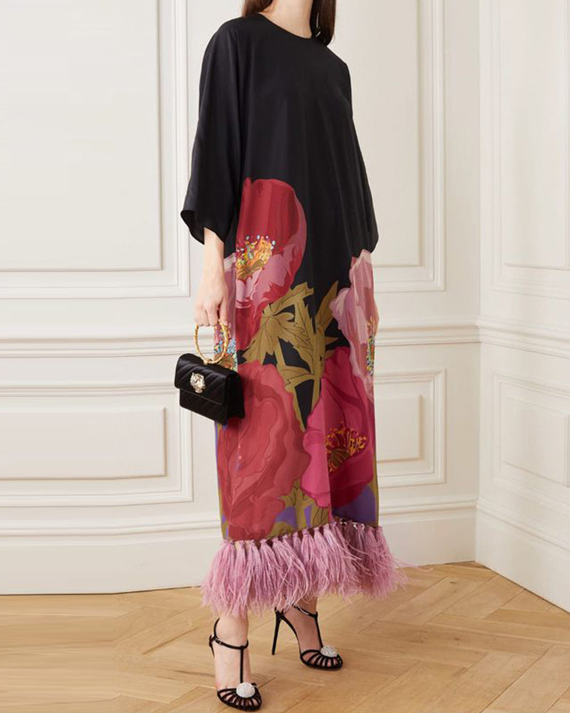 Feather tassel maxi dress print