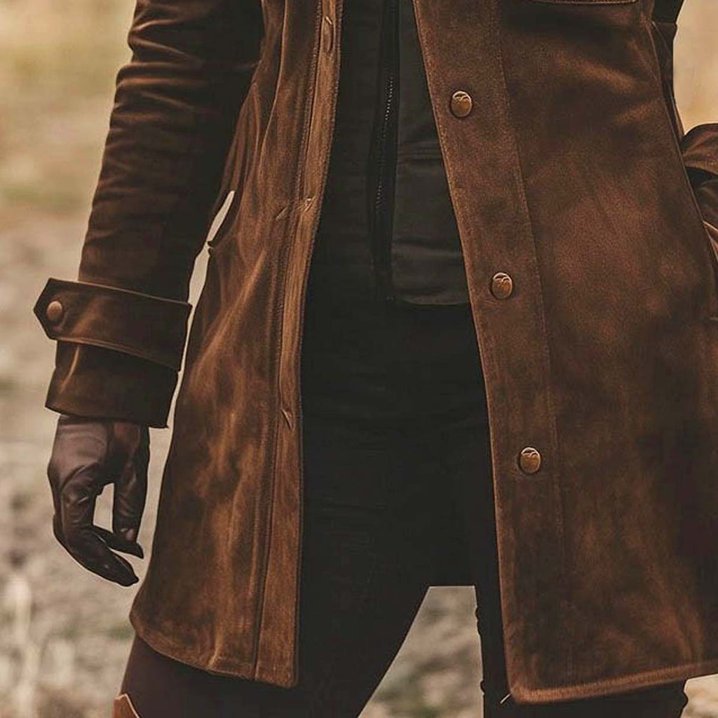 Women's Vintage Mocha Brown Suede Lapel Collar Mid-Length Coat Jacket