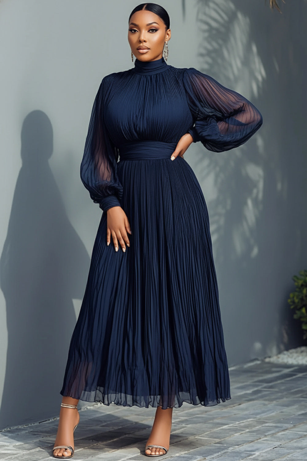 Navy Blue Mock Neck Lantern Sleeve Long Sleeve See Through Elegant Ruffled Midi Dresses