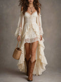 Cold Shoulder Bell Sleeve Lace Corset Lace-Up Hi-Low Ruffle Dress