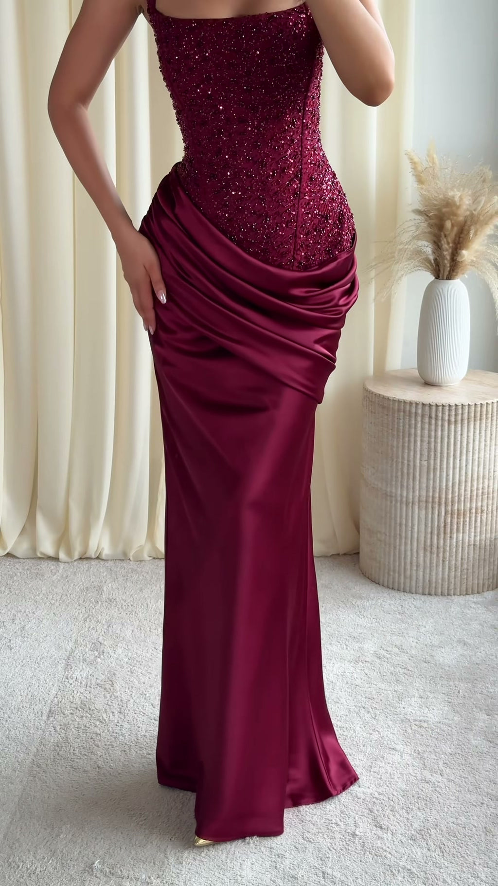 burgundy-sequin-square-neck-gown-draped-hip-mermaid-maxi-dress