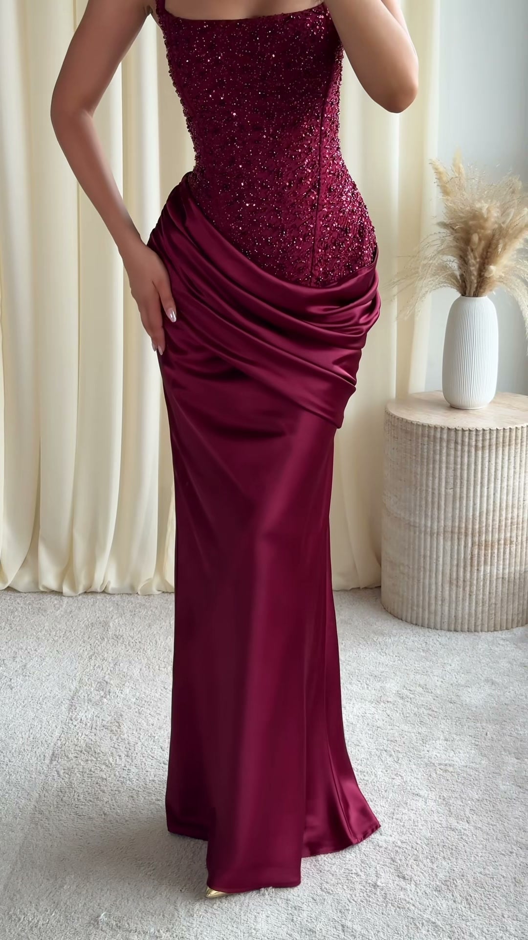 burgundy-sequin-square-neck-gown-draped-hip-mermaid-maxi-dress