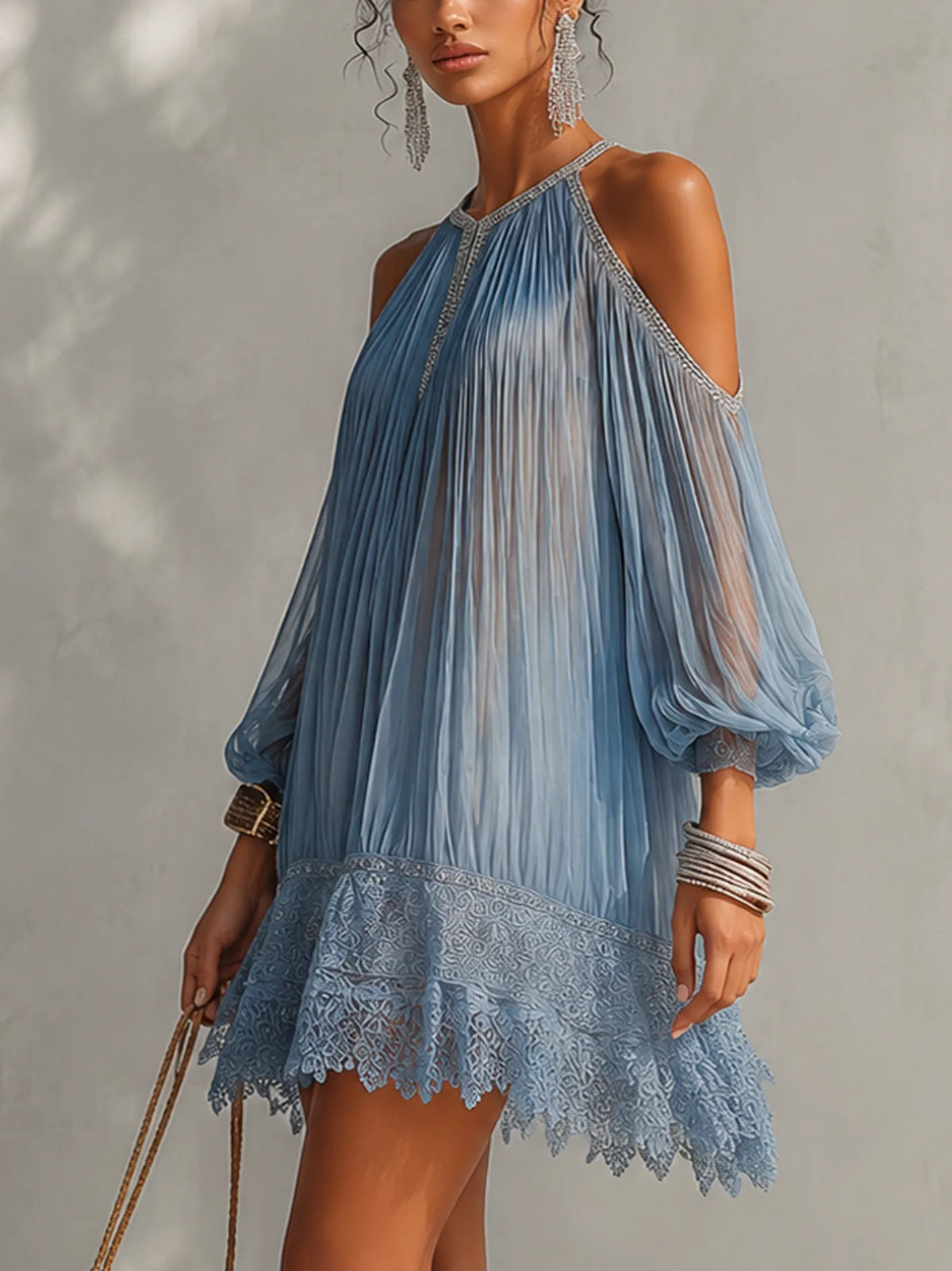 Sky Blue Sparkle Trim Lace Cold Shoulder Pleated Mini Dress