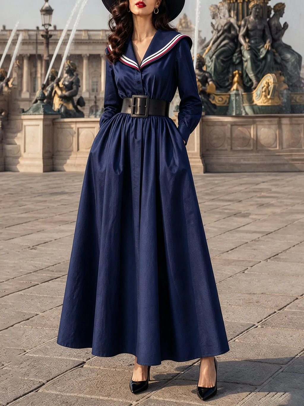 Vintage Navy Sailor-Collar Belted Long-Sleeve Maxi Dress