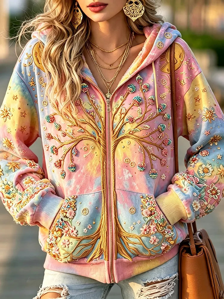 Women's Retro Hippie Floral And Tree Of Life Embroidered Gradient Zip-up Hoodie