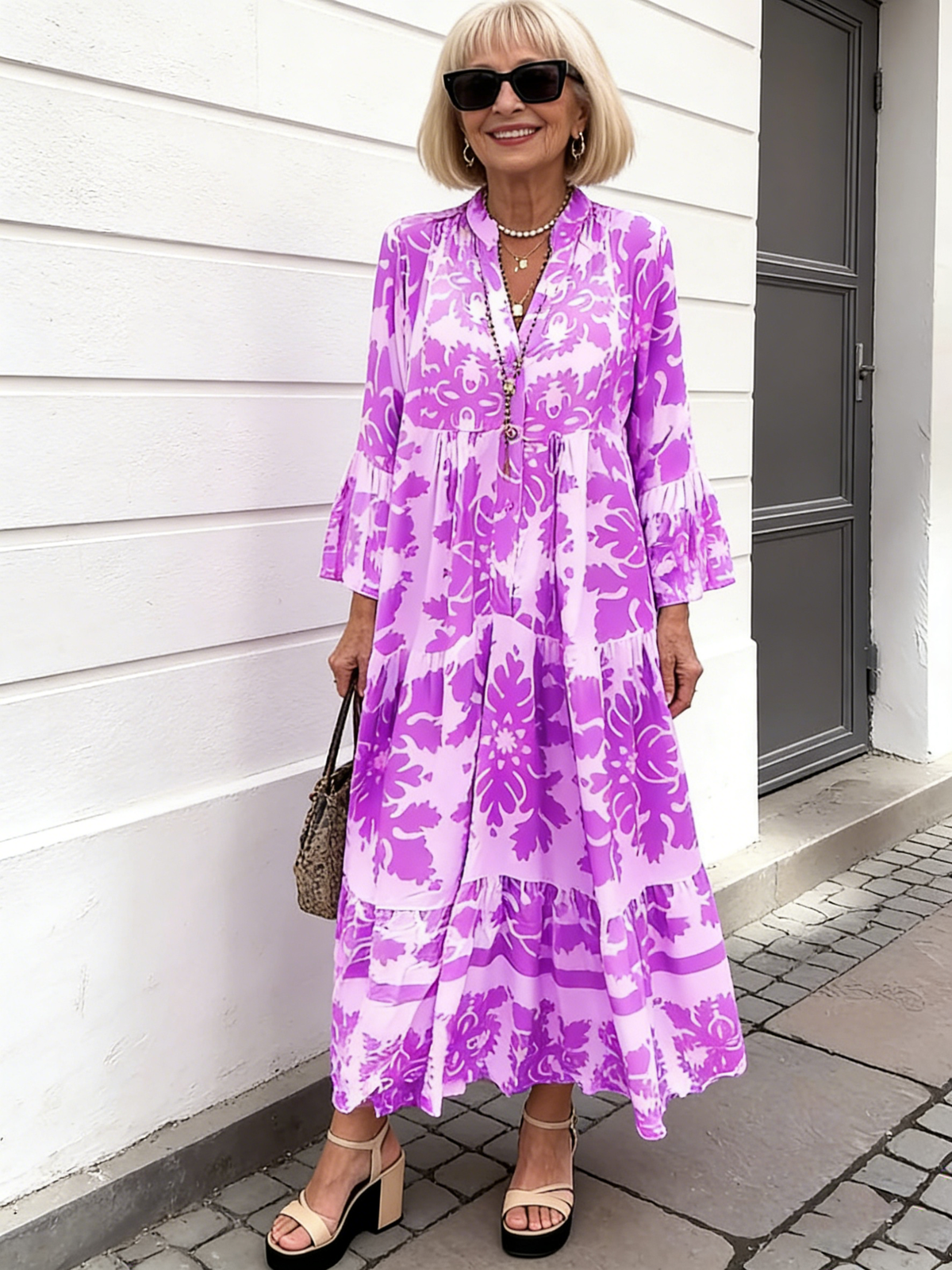 Stand-up Collar Flared Sleeves Printed Casual Dress