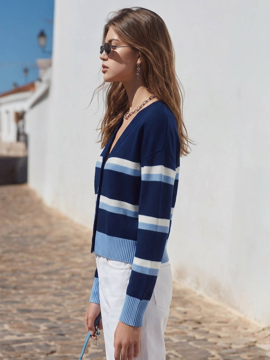 Nautical Resort Navy Multi Stripe V Neck Knit Cardigan