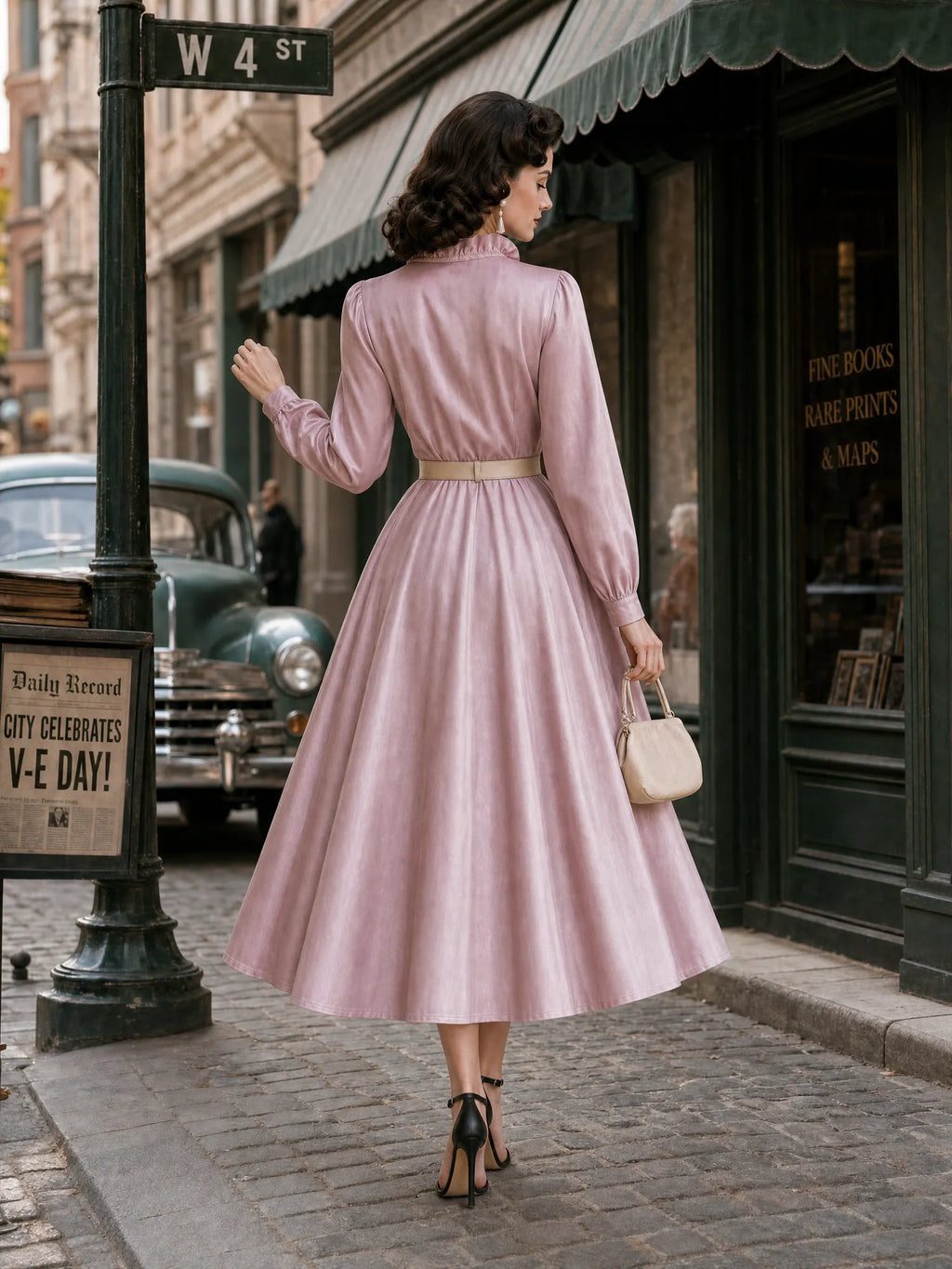 Vintage Ruffle Collar Bow Ties Swing Maxi Dress