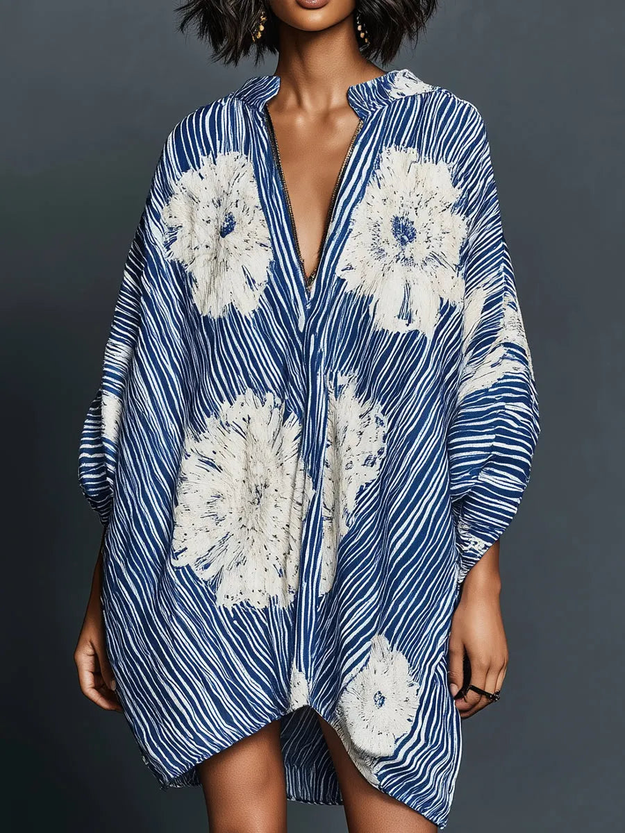 Casual Striped Print Zip-Front Mini Dress