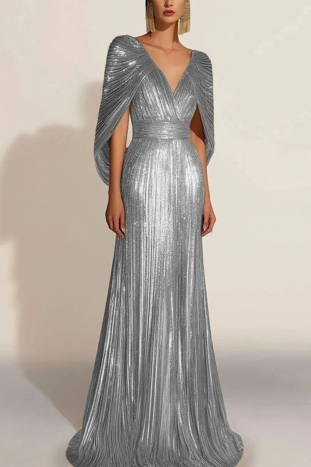 Formal Evening Fringe Dress Gold Cape V-neck Floor-length Gown