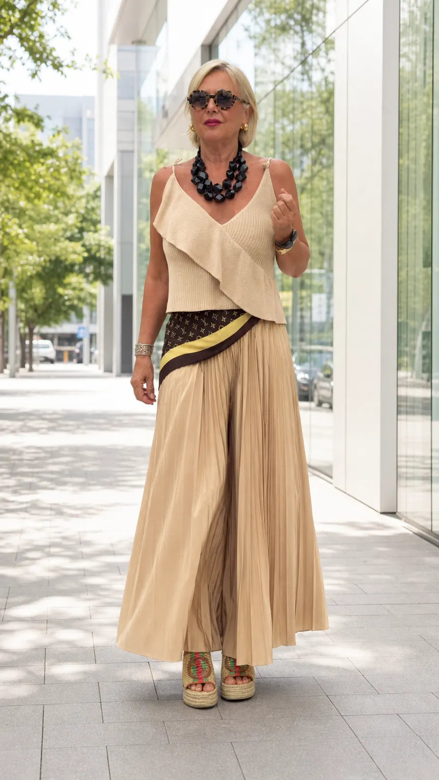 Women's Ruffle V-Neck Camisole & Pleated Wide-Leg Pants Two-Piece Set