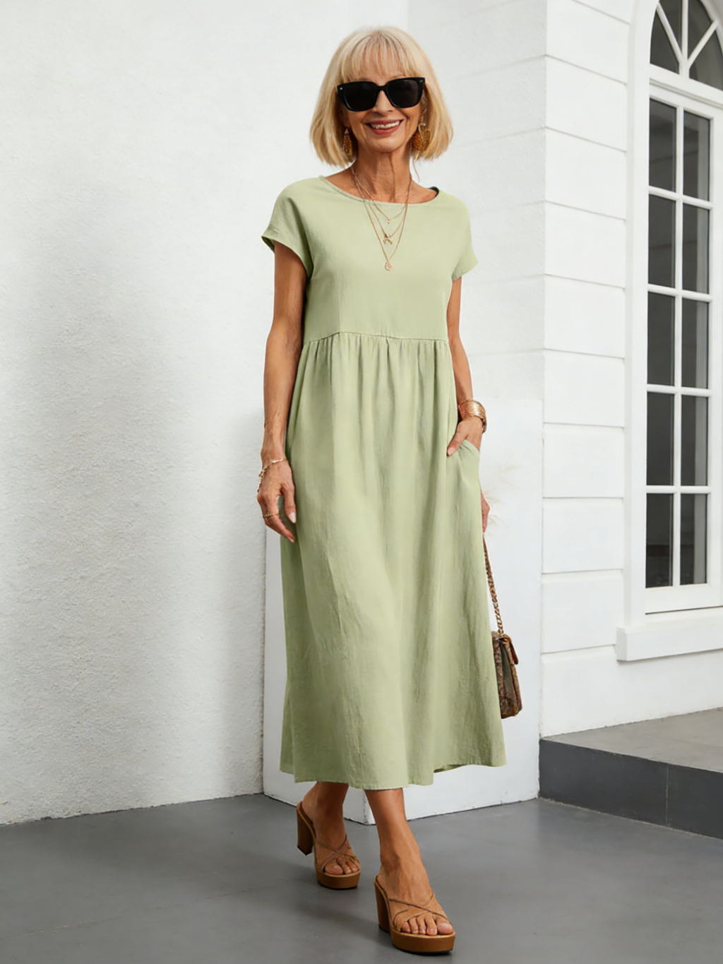 Solid Color Linen Round Neck Fitted Dress
