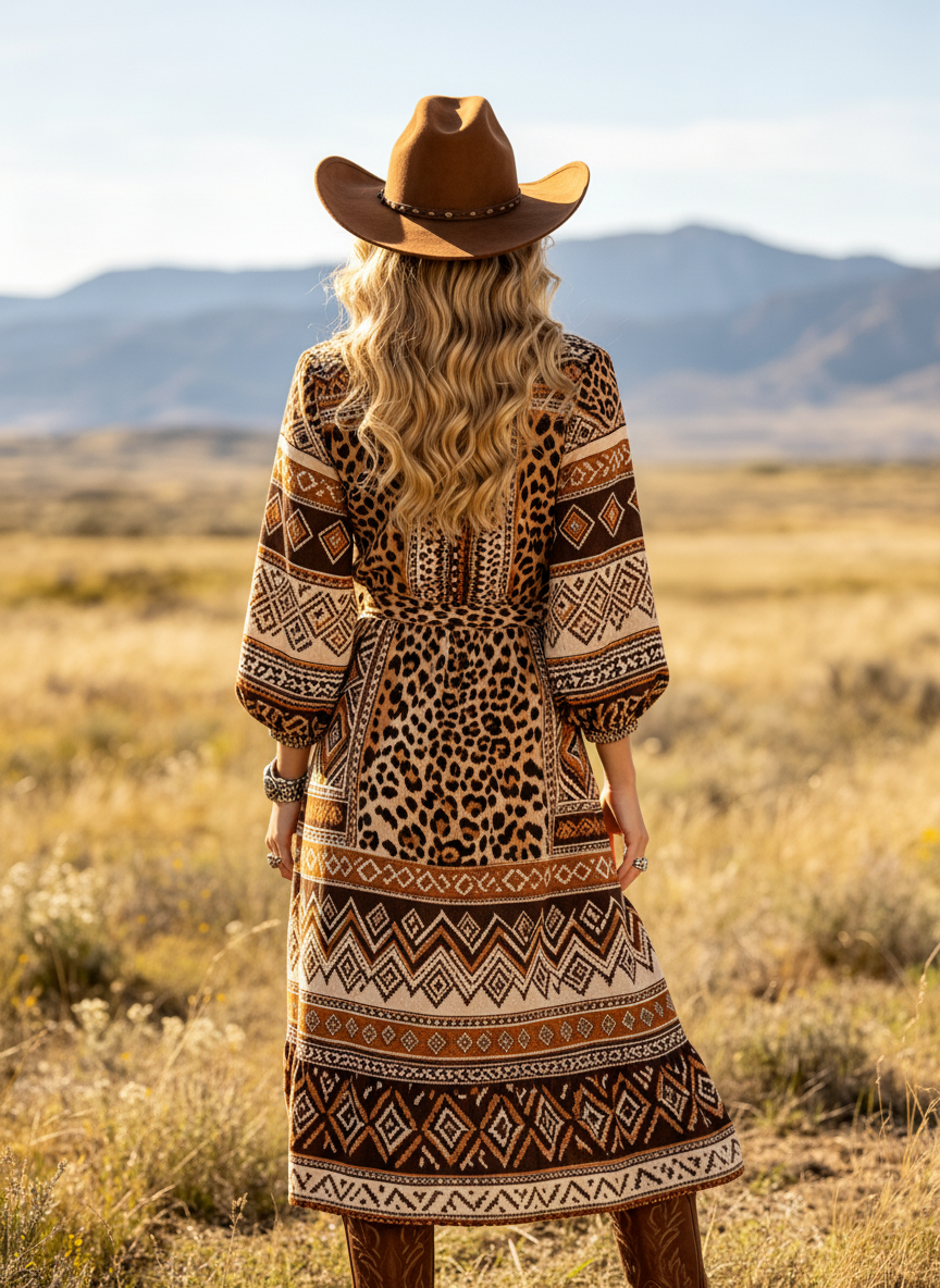 Women's Western Cowboy Boho Print Long Dress V-Neck Design