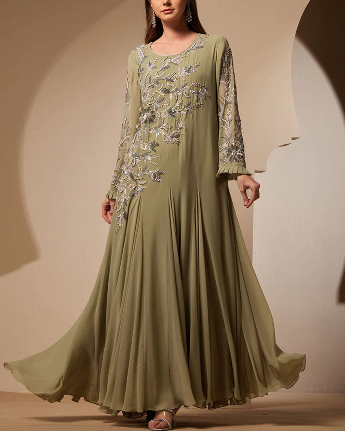 Luxe Sequins And Beads Embroidered Flare Kaftan