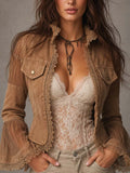 Boho Vintage Lace Trim Pocket Patchwork Sheer Flare Long Sleeve Denim Jacket