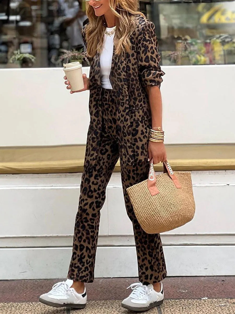 Womens Lapel Leopard Print Casual Set