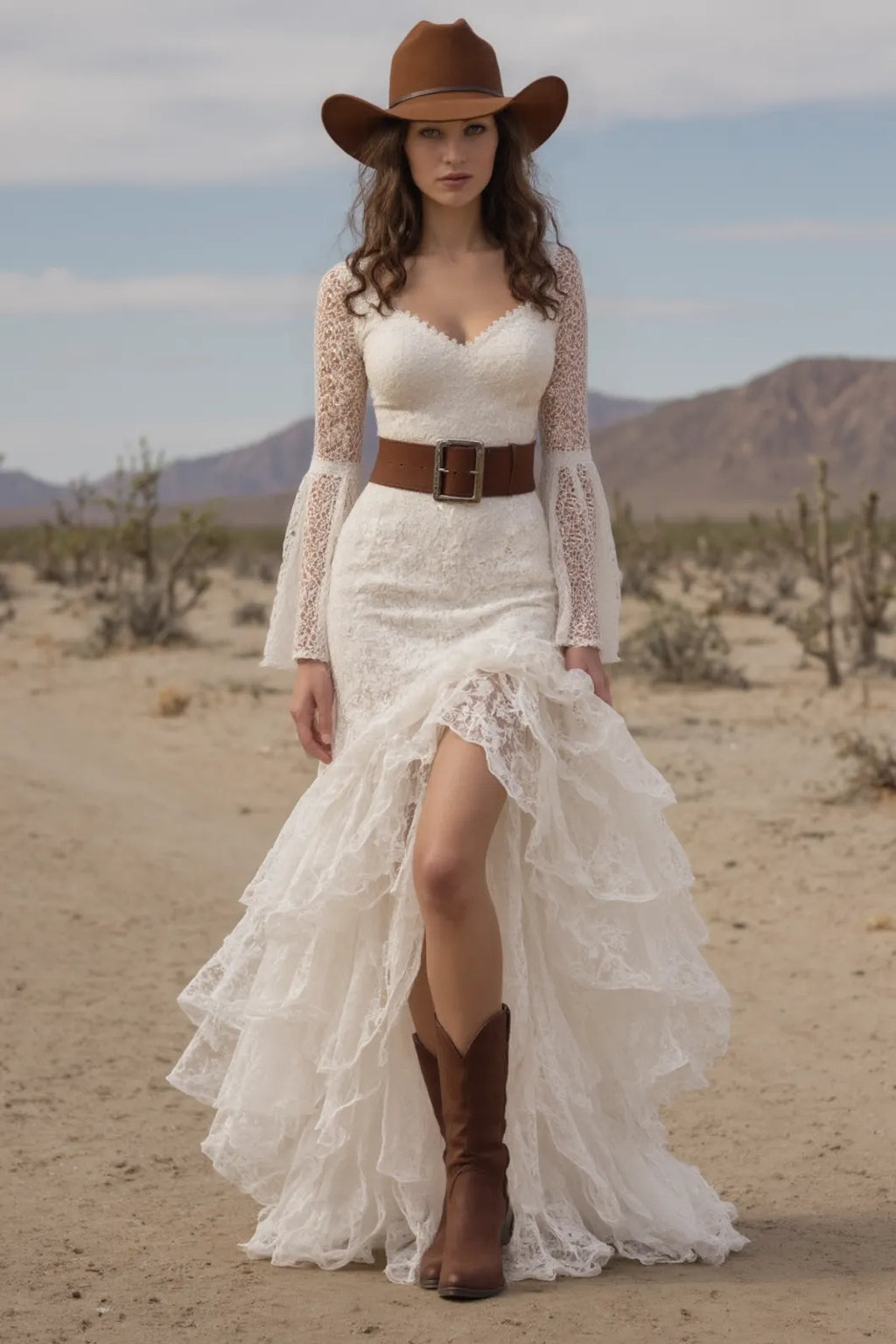 Bohemian Tiered Lace Dress White V Neck Belted Maxi Dress