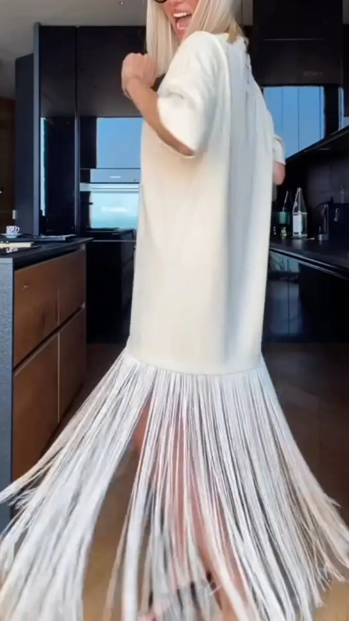 White Fringe Oversized T‐shirt Maxi Dress