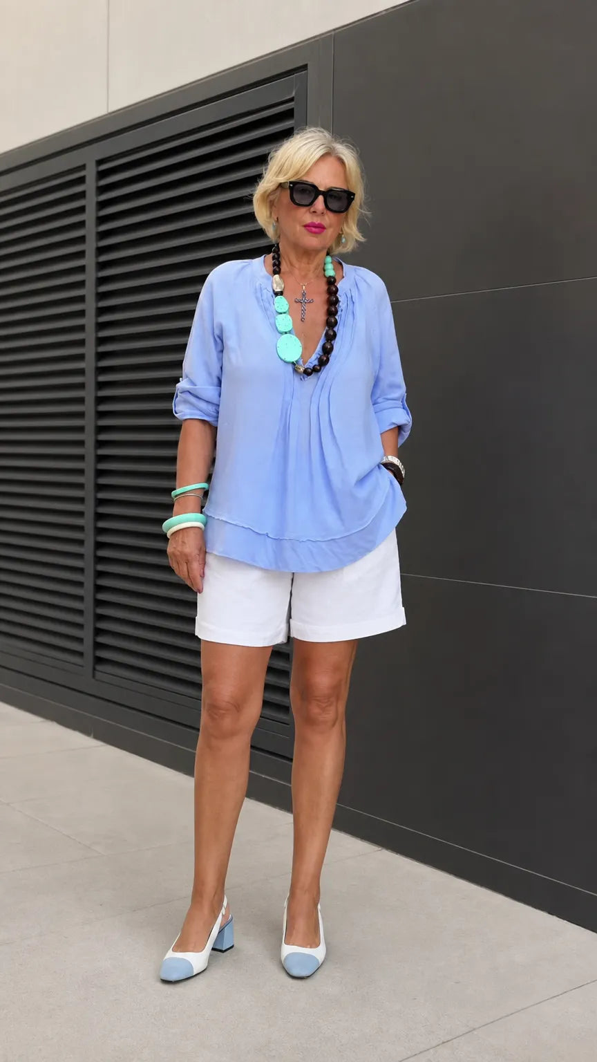 Women's Pleated Split Neck Tunic Blouse with Tiered Hem