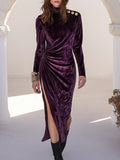Vintage-style Mock-neck Side Ruching And Slit Purple Velvet Maxi Dress