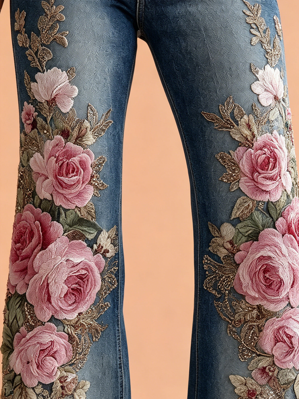 Western Pants — Ocean Blue Mid-Rise Bootcut Denim Jeans With Heavy 3D Rose Floral Embroidery