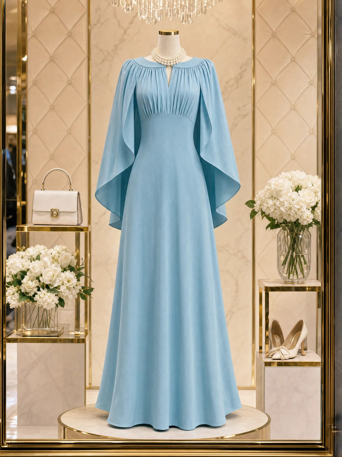 Vintage Pleated Shawl A-line Maxi Dress