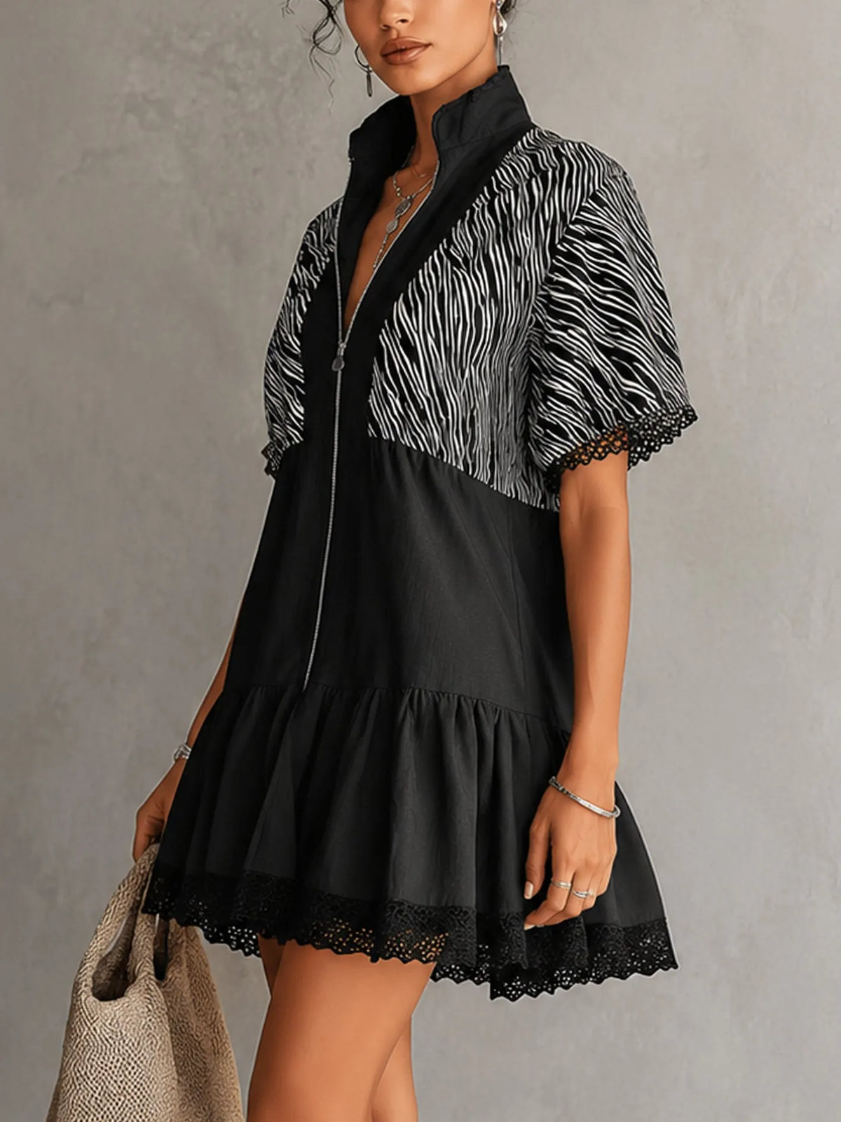 Black Zebra Print Lace Trim Zip Mini Dress