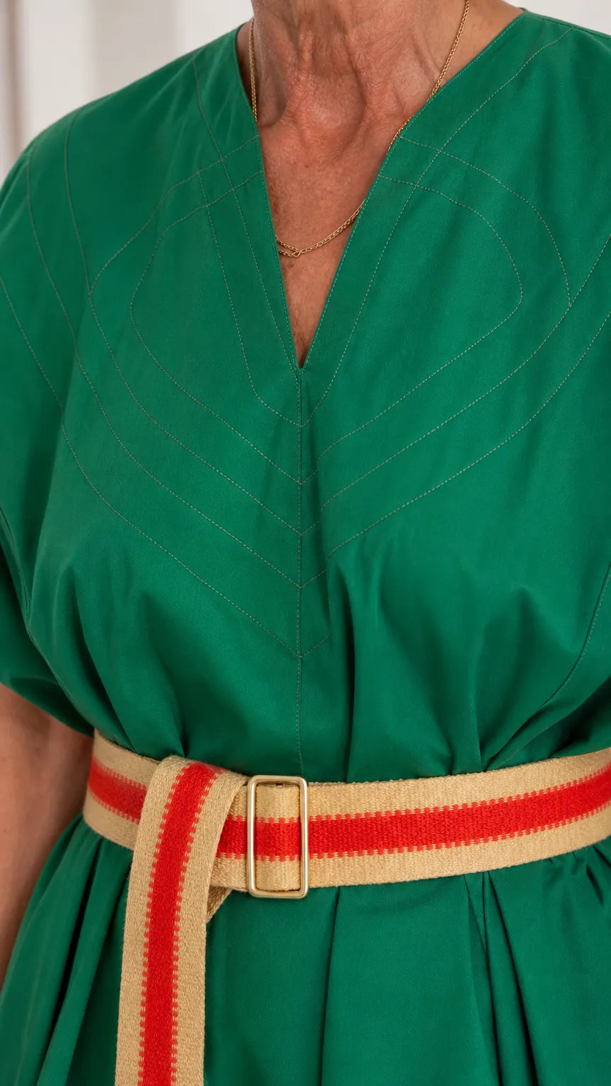 Women's V-Neck Belted Kimono Maxi Dress with Topstitch Detail