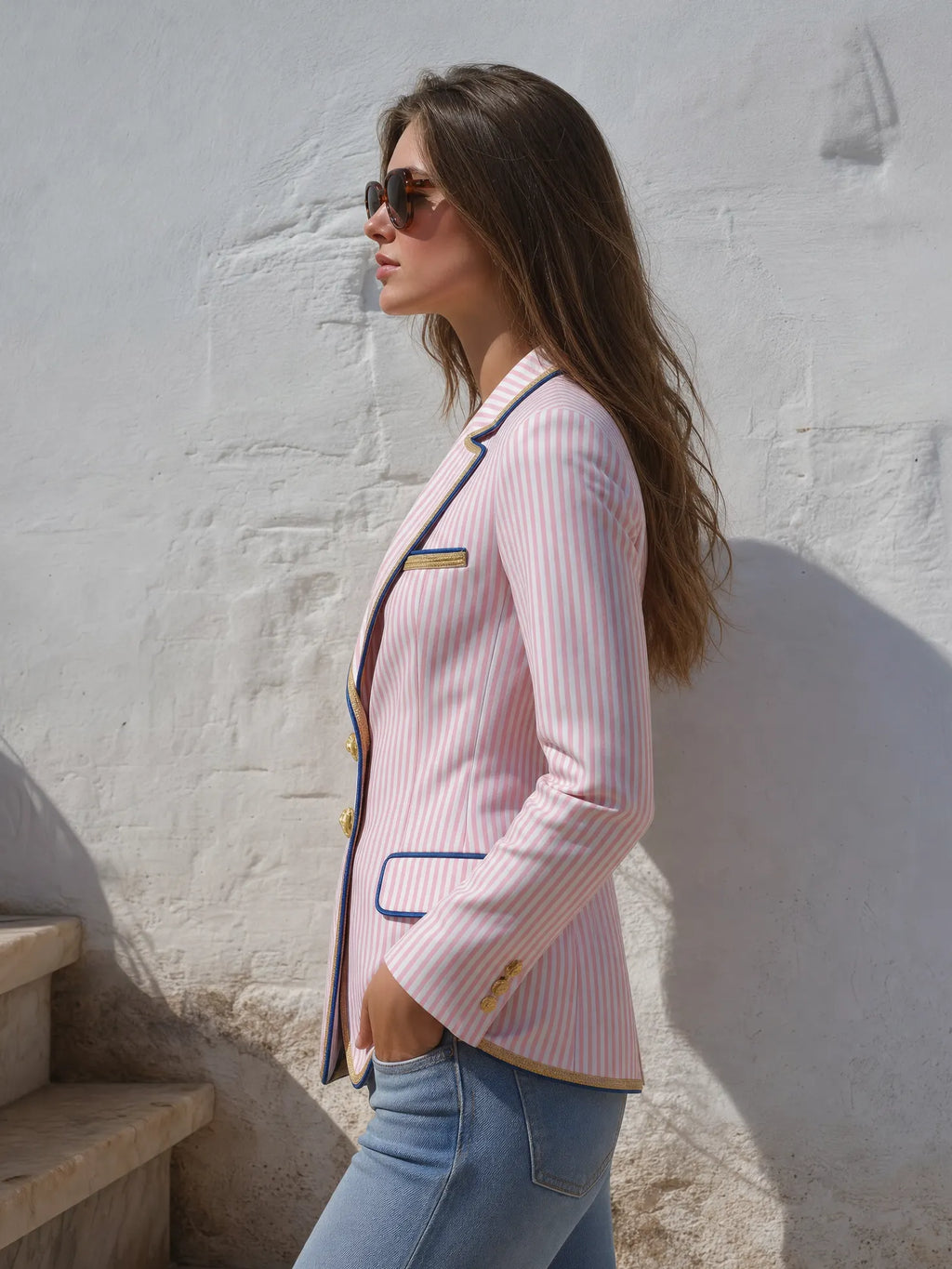 Classic Retro Striped Multi-pocket Blazer