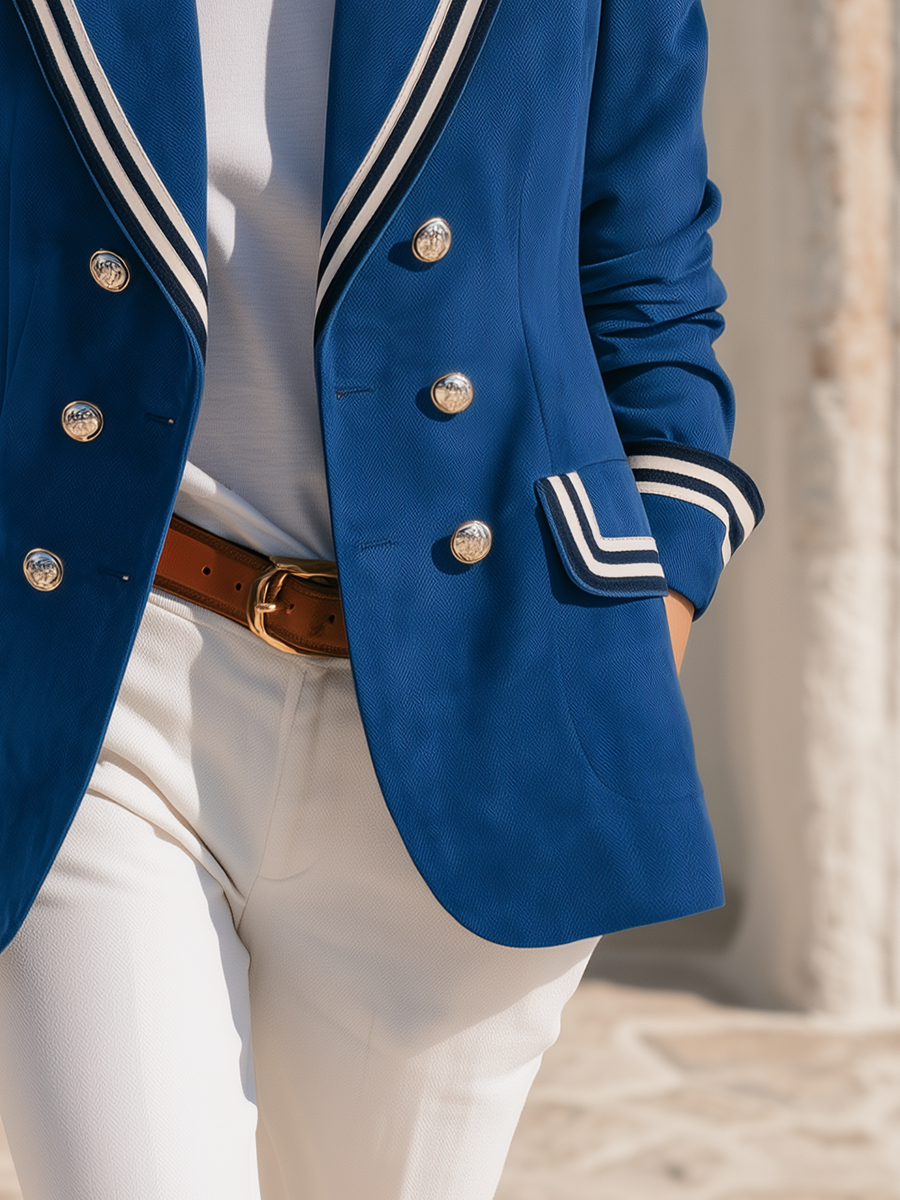 Stylish Color-block Webbing Trim Blue Faux-suede Blazer